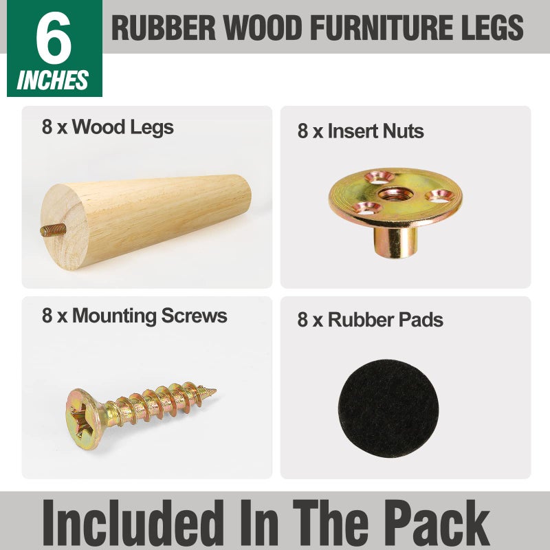 FoDau770 Rubber Wood Furniture Legs 6 Inches, Straight Tapered Wood Legs Mid Century Sofa Legs Set of 8, 5/16"" UNC Furniture Feet Replacement Legs for Cabinet Sofa Couch Dresser Chair Ottoman Table - Image 2